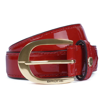 Mini Lion Oval Shape Buckled Red Patent Men's Leather Formal Belt