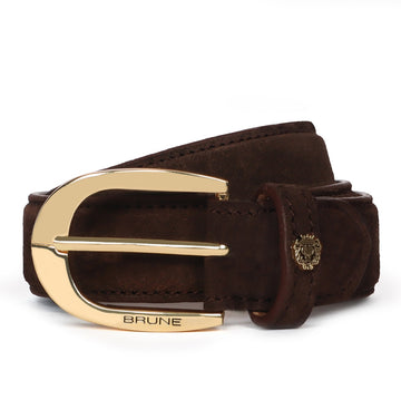 Mini Lion Dark Brown Suede Leather Oval Shape Buckle Men's Formal Belt By Brune & Bareskin