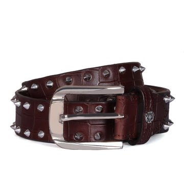 Stud Detailing Dark Brown Belt in Croco Textured Leather with Silver Finish Buckle By Brune & Bareskin