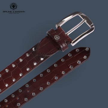 Stud Detailing Dark Brown Belt in Croco Textured Leather with Silver Finish Buckle By Brune & Bareskin