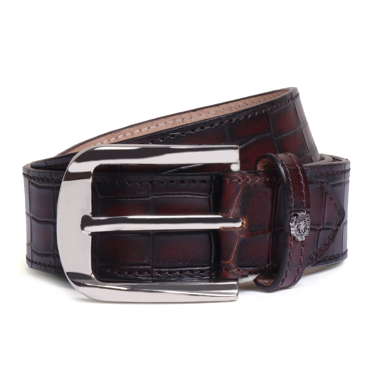 Dark Brown Belt in Deep Cut Croco Textured Leather with Silver Buckle By Brune & Bareskin