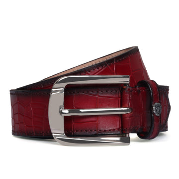 Mini Lion Wine Belt in Deep Cut Croco Textured Leather with Silver Buckle By Brune & Bareskin
