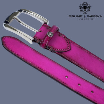 Premium Exclusive Hand-Painted Belt Pink Leather With Silver Finish Buckle Belt by Brune & Bareskin