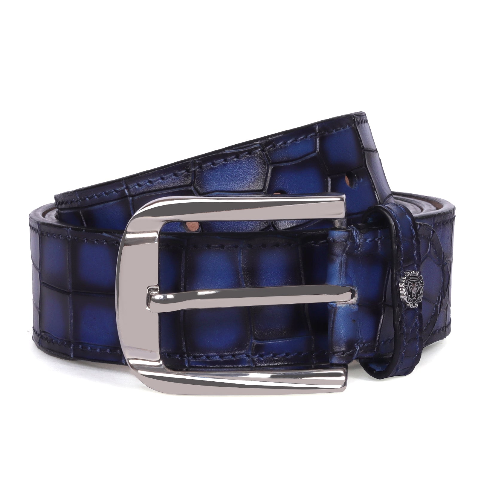 Smokey Blue Men's Belt in Deep Cut Croco Textured Leather with Silver Buckle Belt By Brune & Bareskin