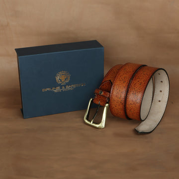 Sprinkler Hand-Painted Tan Leather Belt With Slant Shape Smokey Finish Buckle By Brune & Bareskin