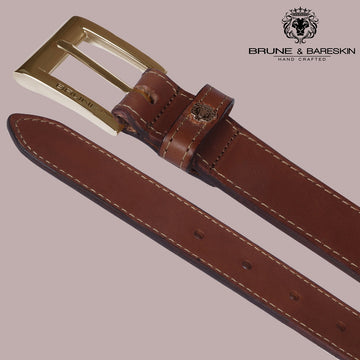 Golden Square Buckle Thick Belt Heavy Duty Double Stitch Tan Leather by Brune & Bareskin