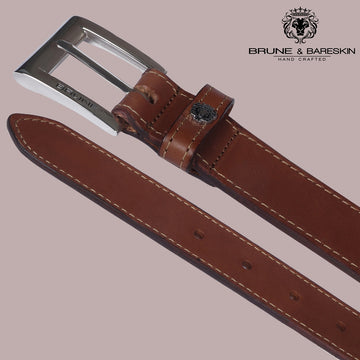 Thick Silver Square Buckle Belt Heavy Duty Tan Leather Double Stitch By Brune & Bareskin