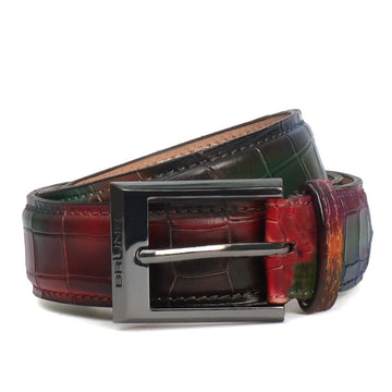 Multi-Colored Belt With Gunmetal Buckle in Deep Cut Croco Textured Leather by Brune & Bareskin