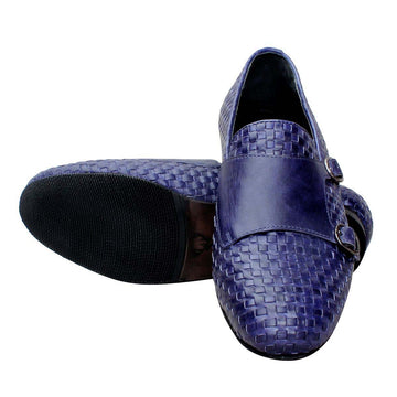 Blue Full Weaved Double Monk Leather Slip-On Shoes By Brune & Bareskin