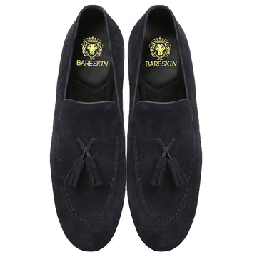 Navy X-Style Tassel Suede Leather Loafers By Bareskin