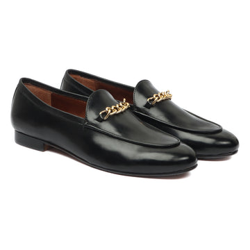 Men's Apron Toe Black Leather Slip-on's with Golden Chain Embellishment