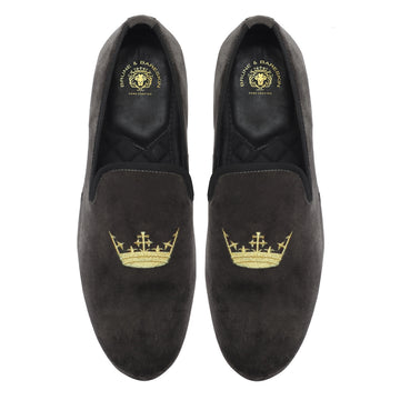 Grey Dual Shade Velvet/Golden Crown Embroidery Slip-On Shoes By Brune & Bareskin