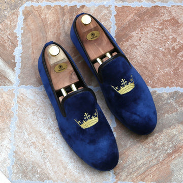 Blue Velvet/Golden Crown Embroidery Slip-On Shoes By Bareskin