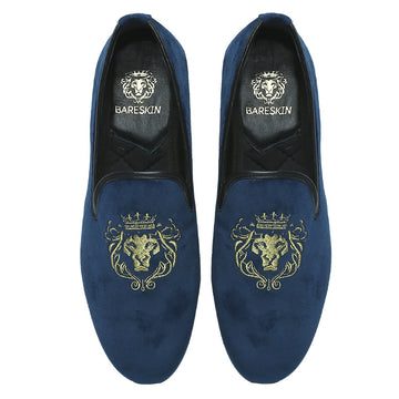 Navy Blue/Golden Lion King Embroidery Velvet Slip-On By Brune & Bareskin