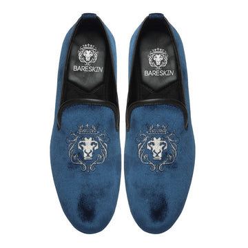Blue Velvet/Silver Lion King Embroidery Slip-On Shoes By Brune & Bareskin
