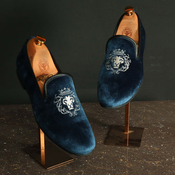 Blue Velvet/Silver Lion King Embroidery Slip-On Shoes By Brune & Bareskin