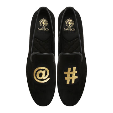 Black Velvet / At The Rate-Hashtag Embroidery Slip-On Shoes By Brune & Bareskin