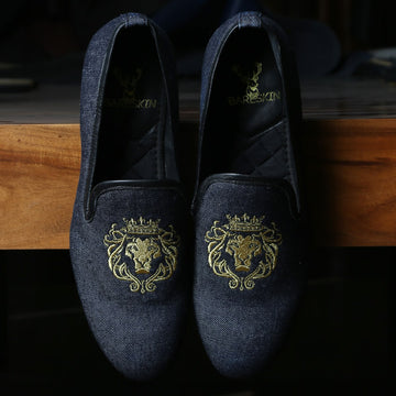 Charcoal Blue Denim/Golden Lion King Embroidery Slip-On Shoes By Bareskin