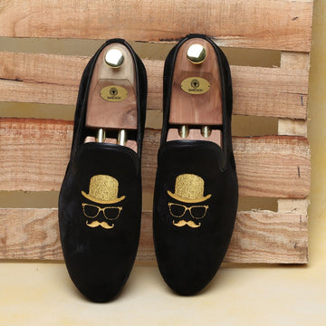Black Velvet/Gentlemen Golden Embroidery Slip-On Shoes By Brune & Bareskin