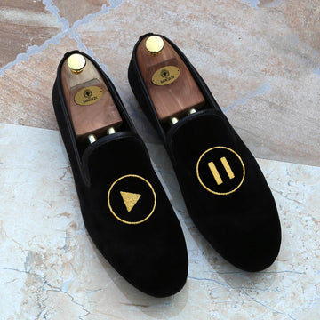 Play Pause Embroidered Black Italian Velvet Slip-On By Brune & Bareskin