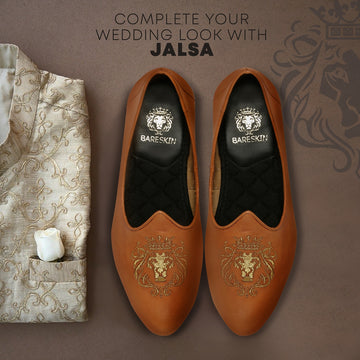 Brune & Bareskin Tan Leather Jalsa Jutti For Men With Golden Lion-King Embroidery