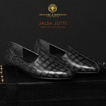 Grey Deep Cut Croco Leather Jalsa Jutti With Darker Cuts by Brune & Bareskin