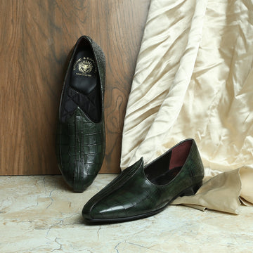 Deep Cut Croco Print Green Leather Jalsa Jutti by Brune & Bareskin
