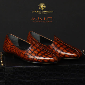 Tan Deep Cut Croco Leather With Darker Cuts Jalsa Jutti by Brune & Bareskin