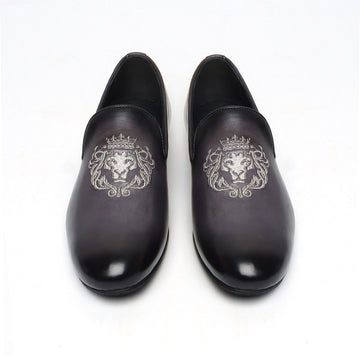 Grey Leather/Silver Lion King Embroidery Slip-On Shoes By Brune & Bareskin