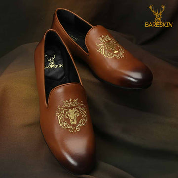 Tan Leather/Golden Lion King Embroidery Slip-On Shoes By Brune & Bareskin