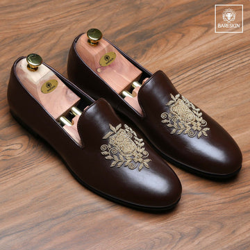 Ethnic Crest Zardosi Slip-On Shoes in Dark Brown Leather By Brune & Bareskin