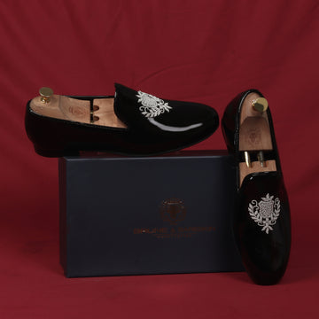 Black Patent Leather Slip-On Shoes Royal Crest Silver Zardosi For Men By Brune & Bareskin