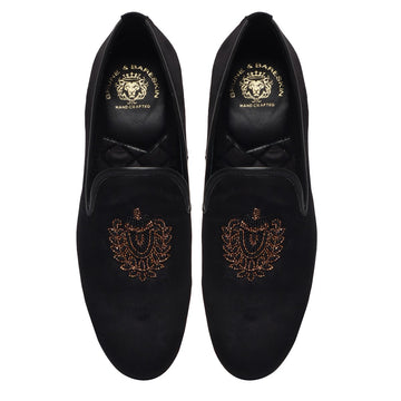 Black Velvet Slip-On Shoes with Golden Royal Crest Zardosi by Brune & Bareskin