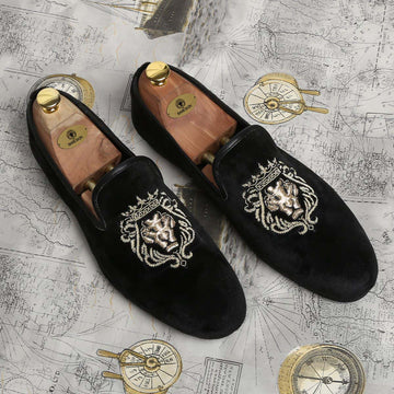 Mild Gold Lion Zardosi Slip-On with Black Velvet by BRUNE & BARESKIN