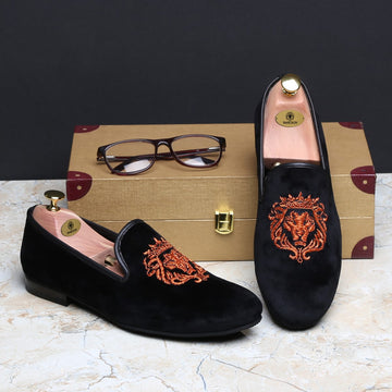 Orange Lion Zardosi Black Velvet Slip-On by Brune & Bareskin