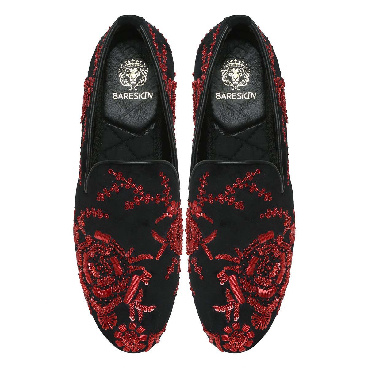 Black Velvet Slip-On Shoes with Red Zardosi Embroidery By Brune & Bareskin