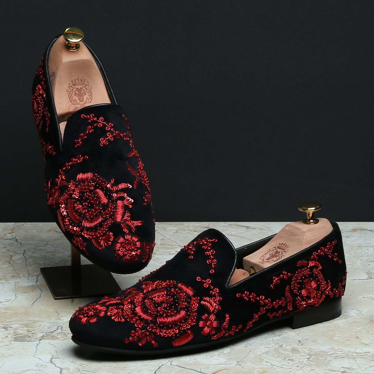 Black Velvet Slip-On Shoes with Red Zardosi Embroidery By Brune