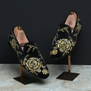 Zardosi Embroidery Slip-On Shoes in Black Velvet By Brune & Bareskin