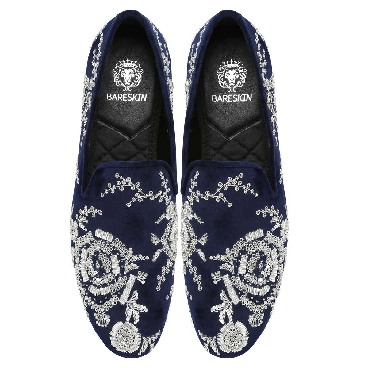 Blue Velvet Slip-On Shoes with Silver Zardosi Embroidery