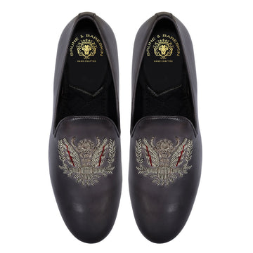 Grey Genuine Leather Slip-On Shoes with Crown Eagle Crest Zardosi For Men By Brune & Bareskin