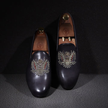 Grey Genuine Leather Slip-On Shoes with Crown Eagle Crest Zardosi For Men By Brune & Bareskin