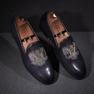 Grey Genuine Leather Slip-On Shoes with Crown Eagle Crest Zardosi For Men By Brune & Bareskin