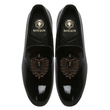 Patent Black Leather Slip-On with Golden Royal Crest Zardosi By Brune & Bareskin