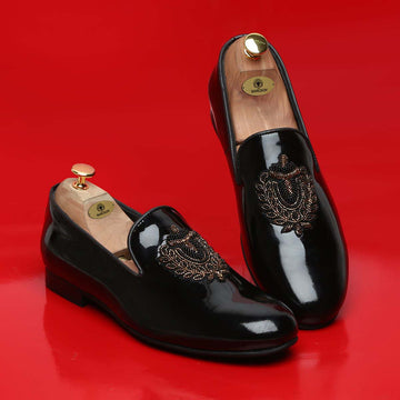 Patent Black Leather Slip-On with Golden Royal Crest Zardosi By Brune & Bareskin