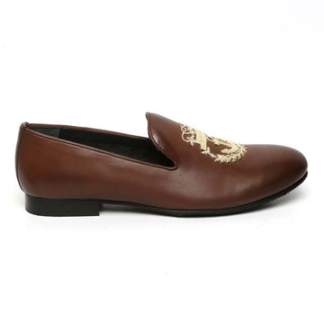 Dark Brown Leather Slip-On with Anchor Crown Crest Hand Made Zardosi