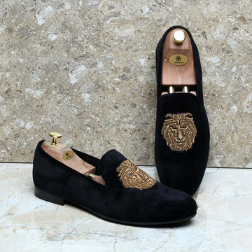 Lion Zardosi Slip-On Shoes in Black Velvet By Brune & Bareskin