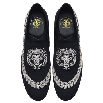Black Slip-On Shoes with Hand Zardosi Silver Lion Stem Design