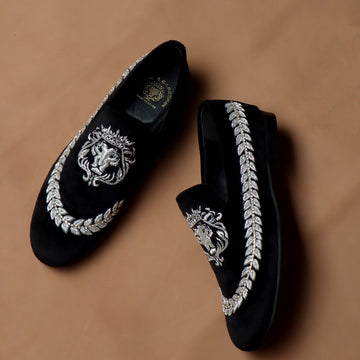 Black Slip-On Shoes with Hand Zardosi Silver Lion Stem Design