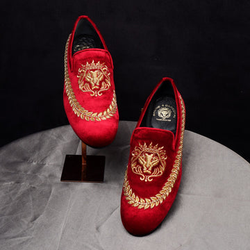 Red Velvet Slip-on Shoes with Golden Hand Zardosi Stem Design By Brune & Bareskin