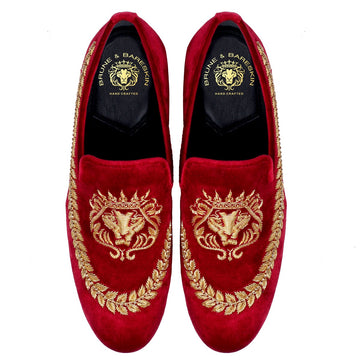 Red Velvet Slip-on Shoes with Golden Hand Zardosi Stem Design By Brune & Bareskin